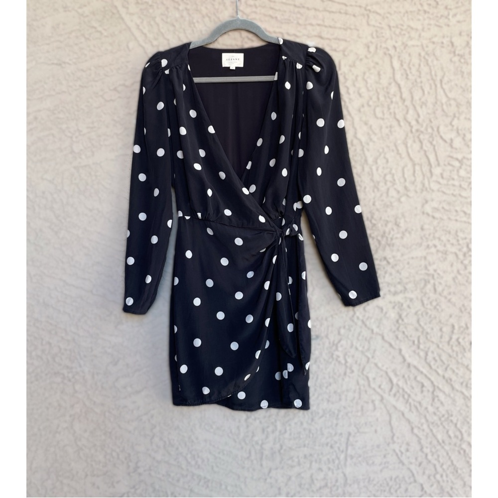 SEZANE Black & White Silk Polka Dot Long Sleeve V Neck Mini Wrap Dress - Picture 14 of 16